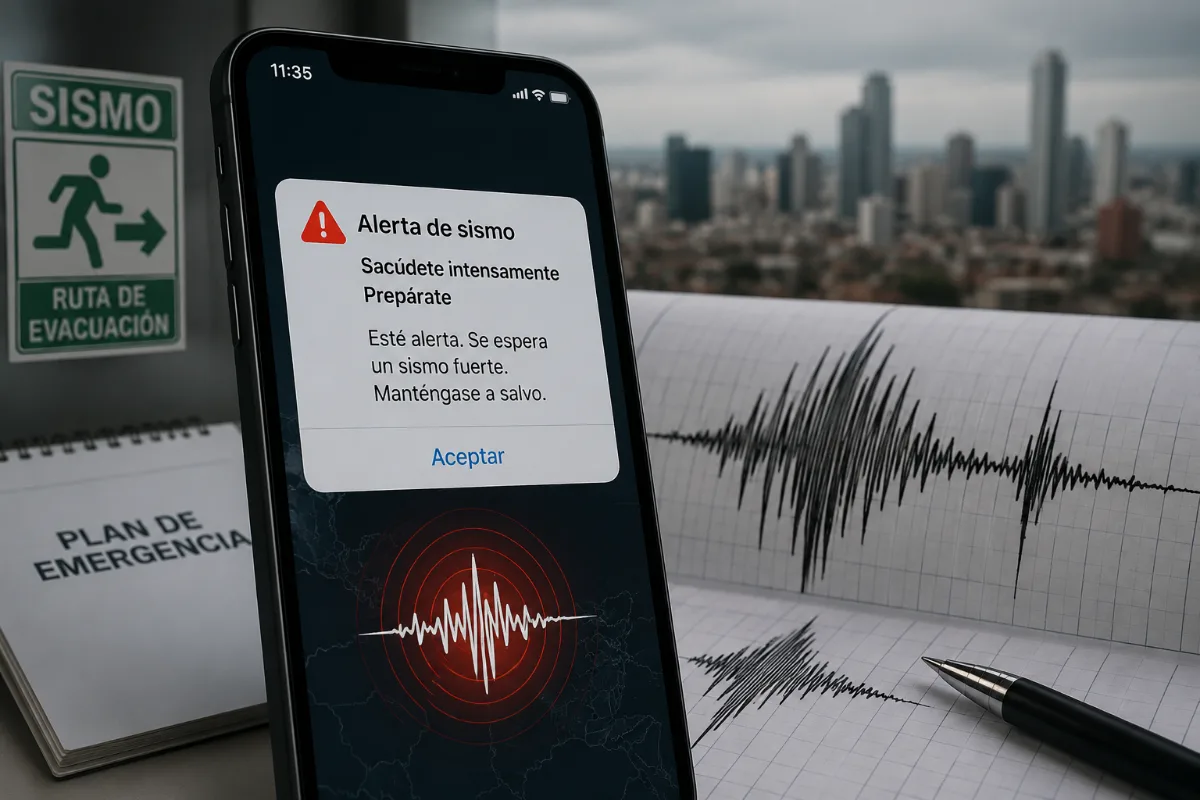 Teléfono muestra una alerta de sismo junto a una ruta de evacuación y un plan de emergencia